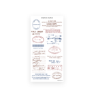 Library rubber stamp stickers, due-date cards, loan desk notices, a barcode and dated postmarks in rose and blue ink