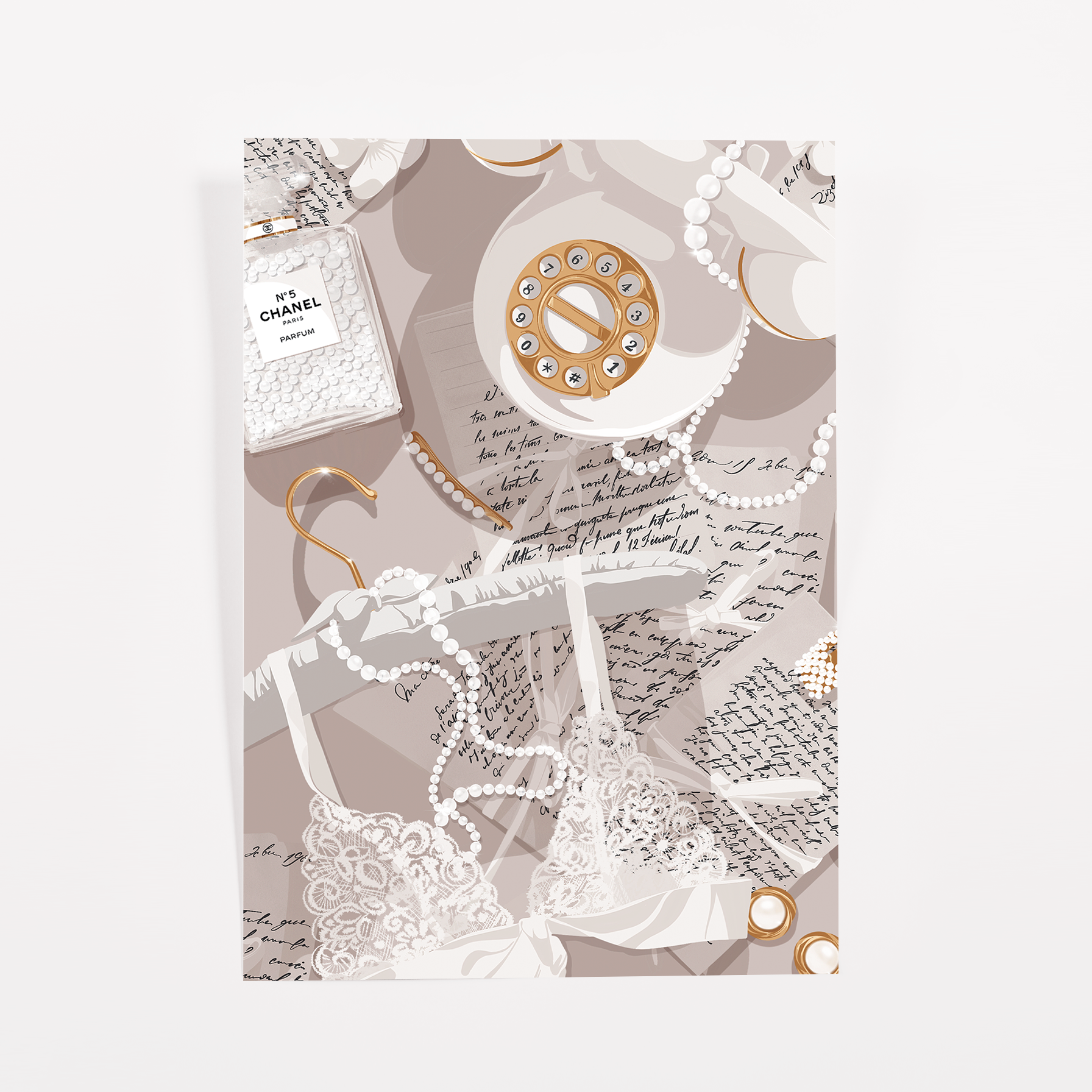 Taupe journaling card with a gold rotary telephone, pearl strands, lace, a gold hanger, and handwritten love letters