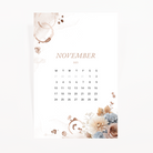 November 2025 calendar journaling card with dahlias, blue hydrangeas, coffee ring stains and beans