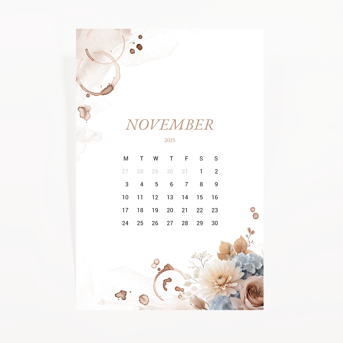 November 2025 calendar journaling card with dahlias, blue hydrangeas, coffee ring stains and beans