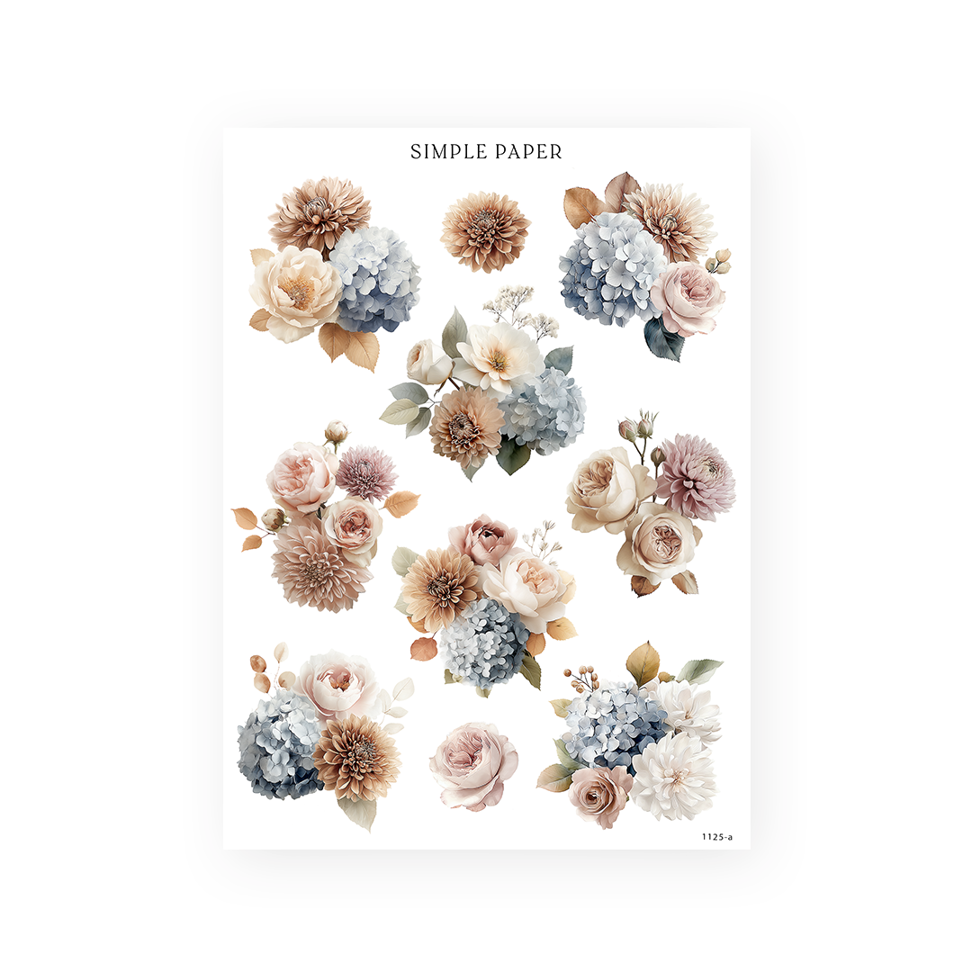 Sticker sheet of blue hydrangea, tan dahlia and cream rose bouquets in coffee tones, Cafecito Sheet A