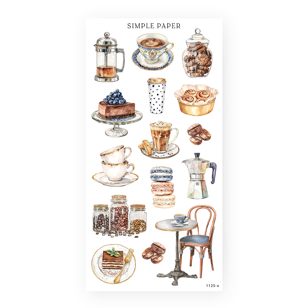 Cafe stickers with a coffee press, moka pot, teacups, cinnamon rolls, macarons, cake and a bistro table and chair, Sheet E