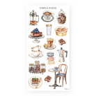 Cafe stickers with a coffee press, moka pot, teacups, cinnamon rolls, macarons, cake and a bistro table and chair, Sheet E