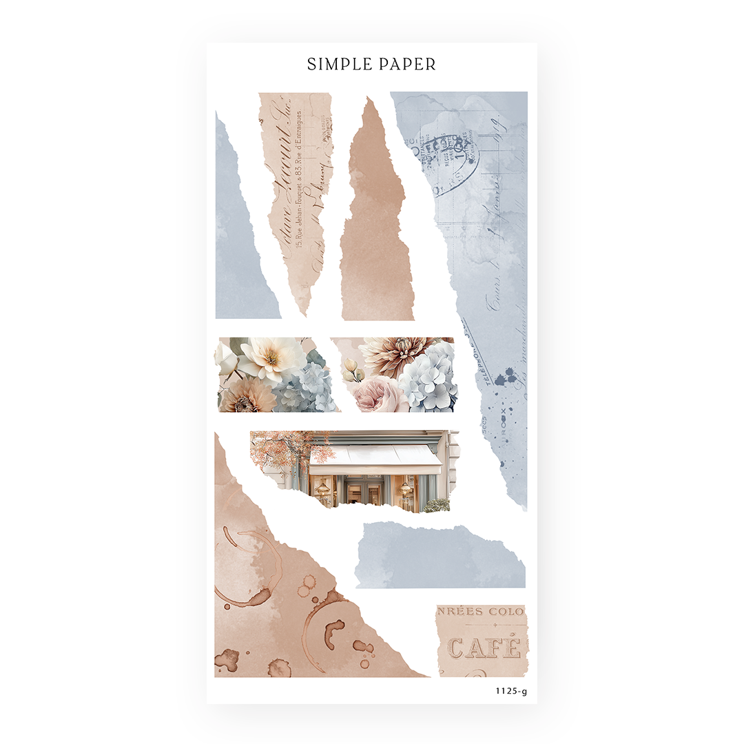 Torn paper strip stickers in dusty blue and tan with faded script, coffee rings, florals and a cafe front, Cafecito Sheet G