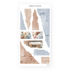 Torn paper strip stickers in dusty blue and tan with faded script, coffee rings, florals and a cafe front, Cafecito Sheet G