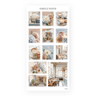 Postage stamp stickers with lattes, croissants, a cafe counter, storefronts and hydrangea florals, Cafecito Sheet I
