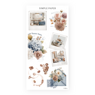 Snapshot stickers of a cafe counter and teacup with rose and hydrangea bouquets, coffee rings and an envelope, Sheet J