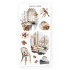 Cafe interior stickers with a latte and croissant, truffles, coffee beans, a bistro chair with a cat and a songbird, Sheet L