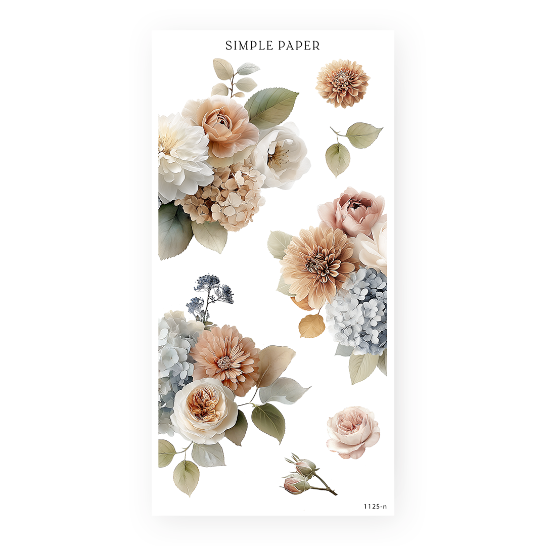 Large dahlia, rose and hydrangea stickers in peach, cream and dusty blue with sage leaves, Cafecito Sheet N