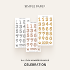 Celebration Balloon Numbers Bundle with silver, rose gold, and gold sticker sheets featuring numbers, stars, and 2025.