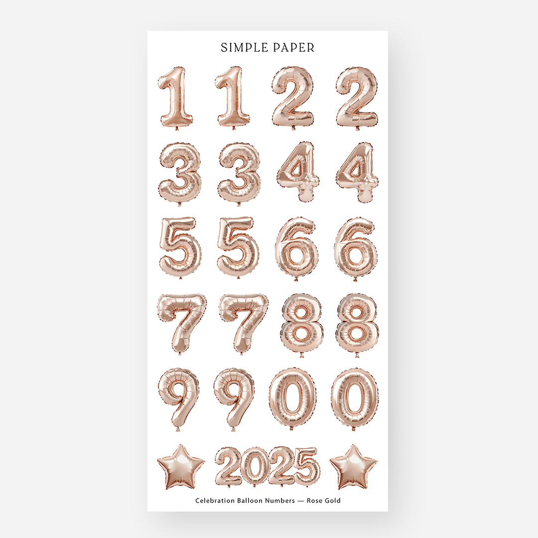 Rose gold balloon-style numbers 0 to 9 with star balloons and a 2025 balloon