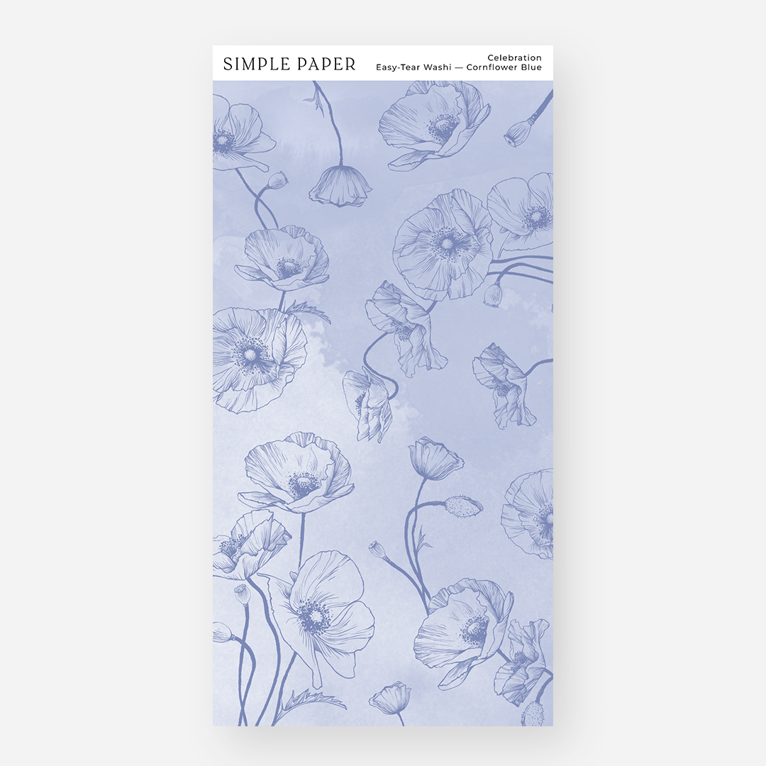 Cornflower blue line art poppy stems on a watercolor wash, easy-tear washi sheet