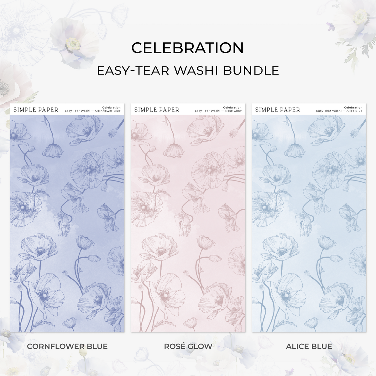 Line art poppy washi sheets in Cornflower Blue, Rose Glow and Alice Blue