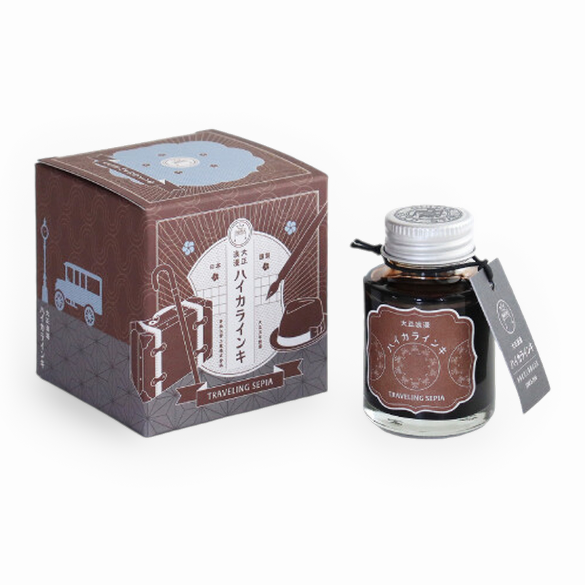 Teranishi Guitar Taisho Roman Haikara Traveling Sephia Ink, bottle with its box on a white background