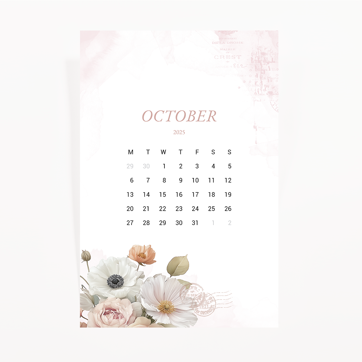 October 2025 calendar journaling card with white anemones, blush roses and postmarks on a soft pink wash