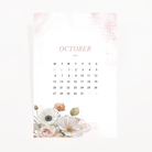 October 2025 calendar journaling card with white anemones, blush roses and postmarks on a soft pink wash