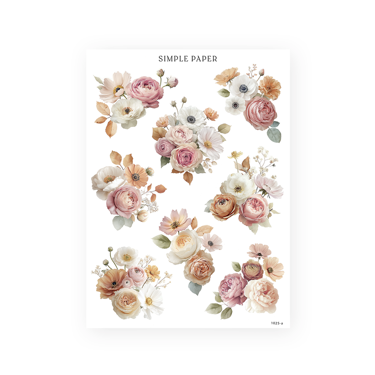 Sticker sheet of pink and peach rose bouquets with white anemones and autumn leaves, Fall in Love Sheet A