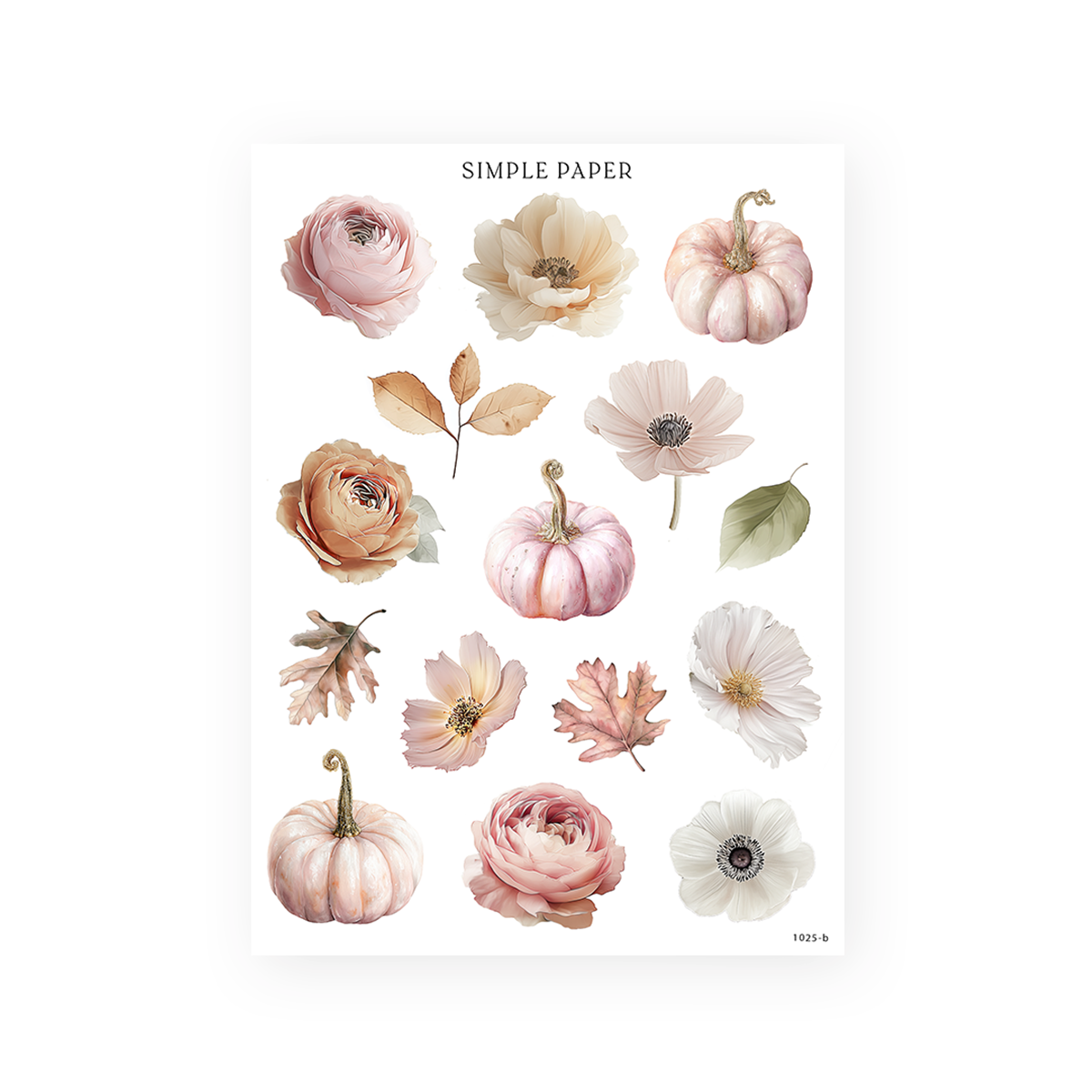 Single ranunculus and anemone blooms with blush pumpkins and autumn oak and maple leaves, Fall in Love Sheet B