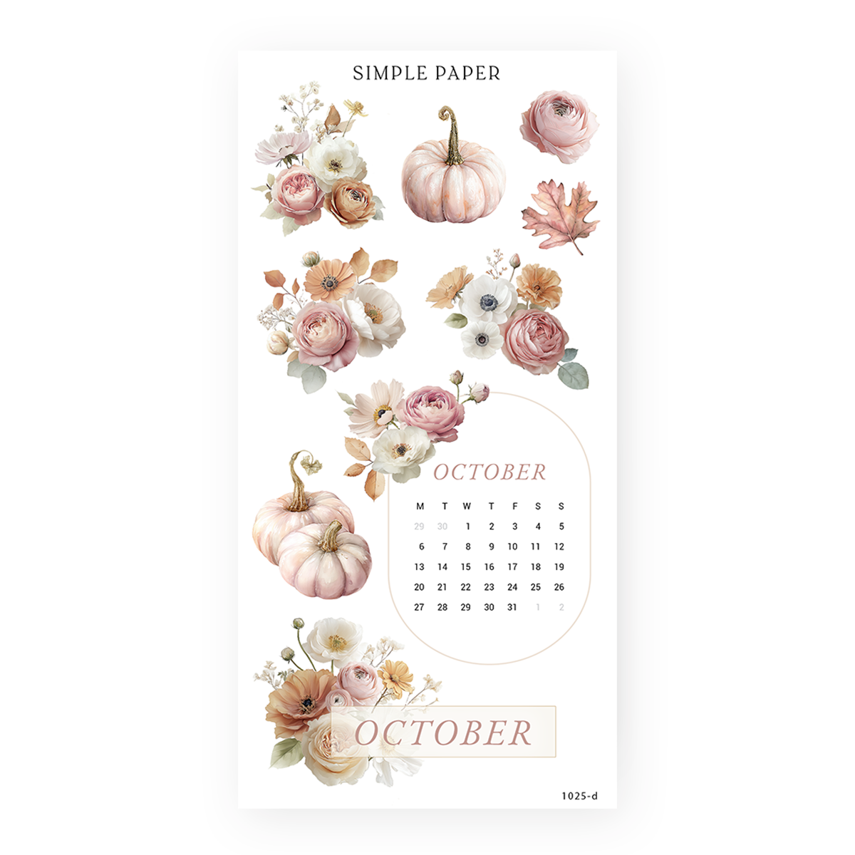 October mini calendar and headers with rose bouquets, blush pumpkins and an autumn leaf, Fall in Love Sheet D