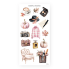 Autumn lifestyle stickers with a latte, felt hat, pink sweater, vintage camera, fountain pen, armchair and pumpkins, Sheet E