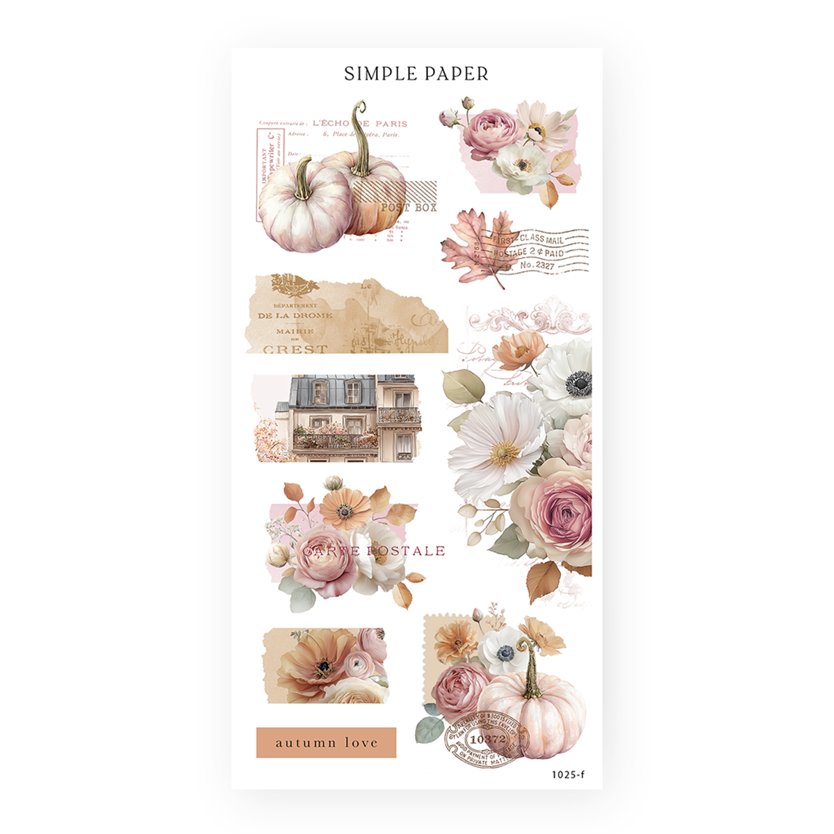 Collage stickers of pumpkins and roses on vintage newsprint, postmarks and torn paper with a townhouse, Fall in Love Sheet F