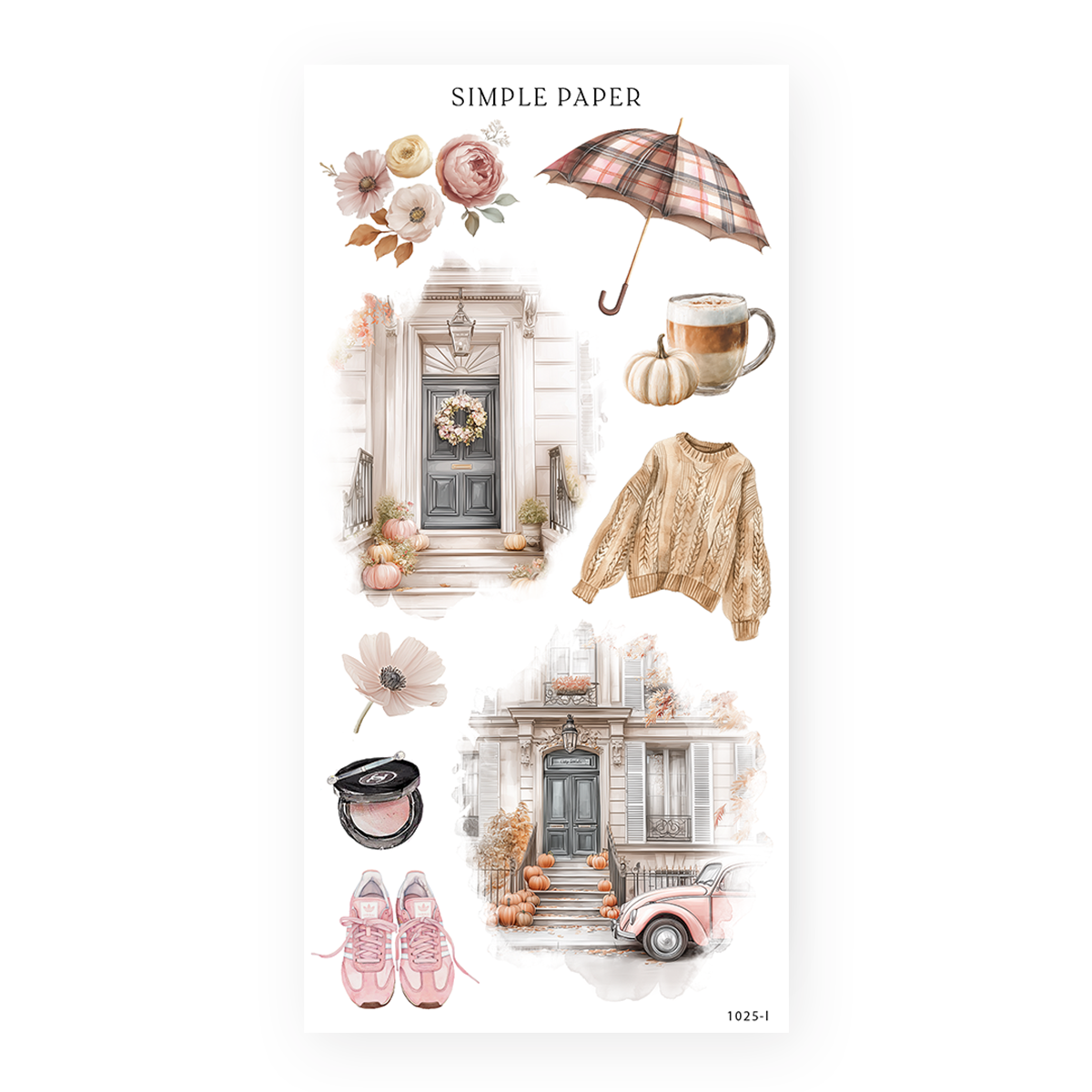 Autumn stickers with wreathed townhouse doors, a plaid umbrella, latte, cable knit sweater, pink sneakers and roses, Sheet L