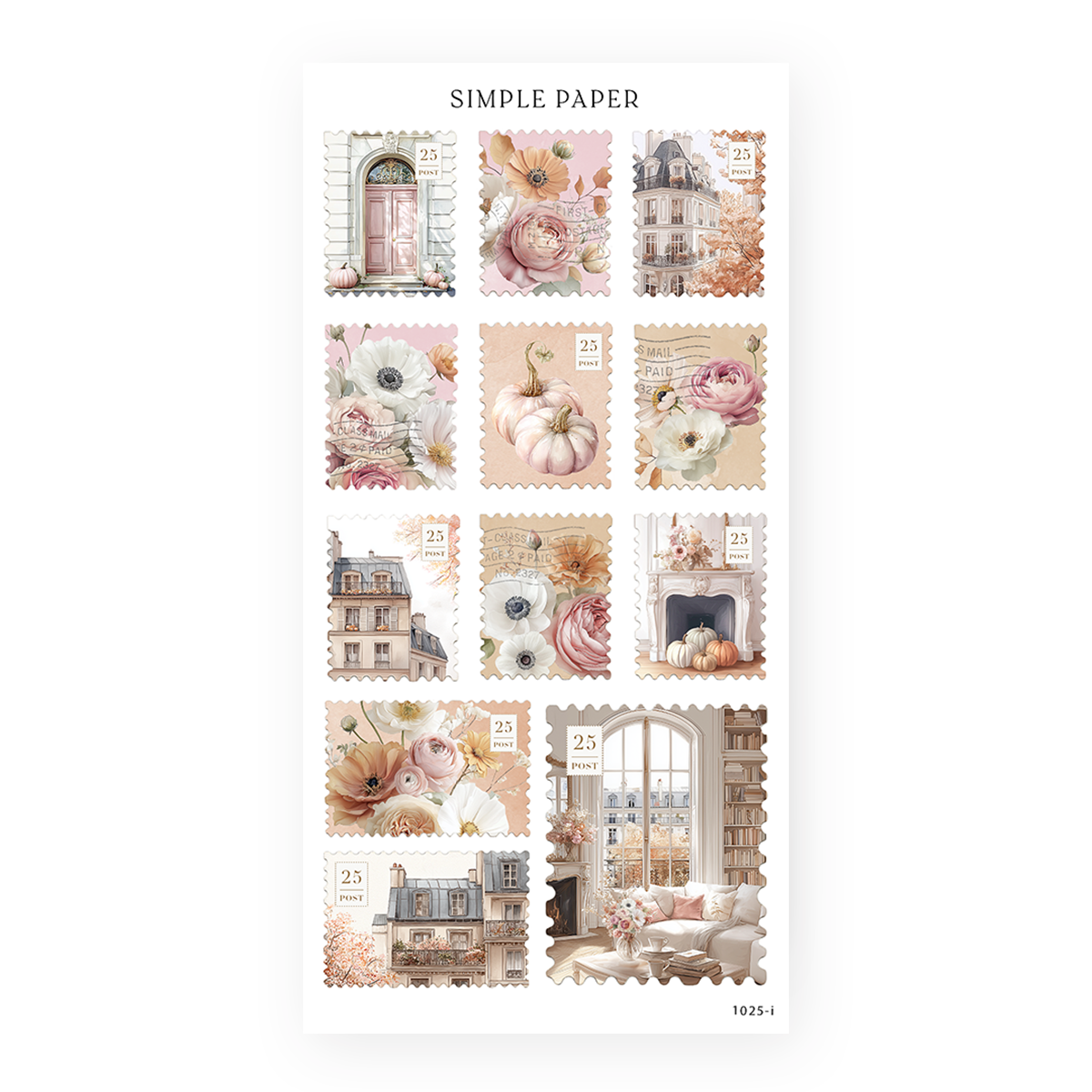 Fall in Love postage stamp stickers with townhouses, arched doors, roses and pumpkins