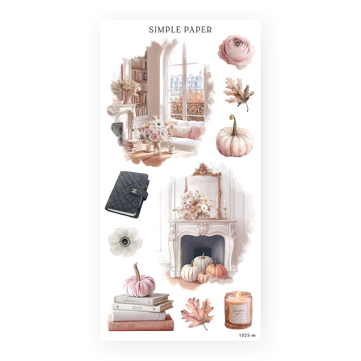 Fall in Love Sheet M with a sunlit reading nook, fireplace with pumpkins, books, roses, leaves and a candle