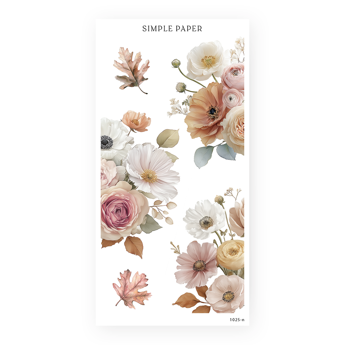 Large poppy, rose and anemone stickers in blush, peach and cream with russet oak leaves, Fall in Love Sheet N