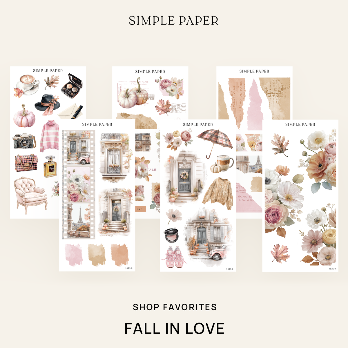 Fall in Love Shop Favorites bundle of sticker sheets with a filmstrip, townhouse doors, autumn lifestyle picks and florals