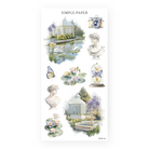 Watercolor conservatory scene sheet—swans, lily‑pond, marble busts, vintage camera, butterflies under glass.