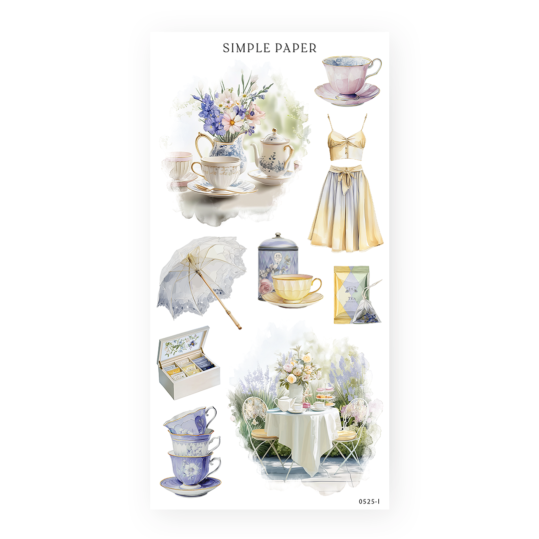 Afternoon‑tea ephemera sheet—stacked teacups, parasol, tea tins, patio table and floral bouquet.