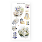 Afternoon‑tea ephemera sheet—stacked teacups, parasol, tea tins, patio table and floral bouquet.