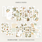 Full kit of stickers with pear branches, dahlias, cottages, and calendar sheets on a white background