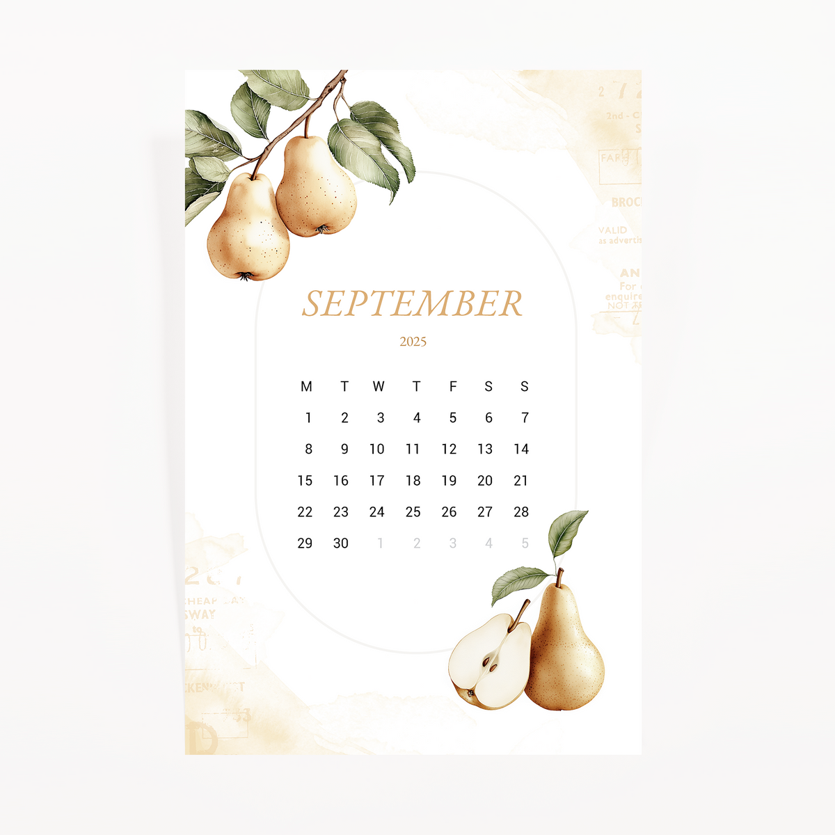 September 2025 calendar card with a pear branch and a halved pear on a white background