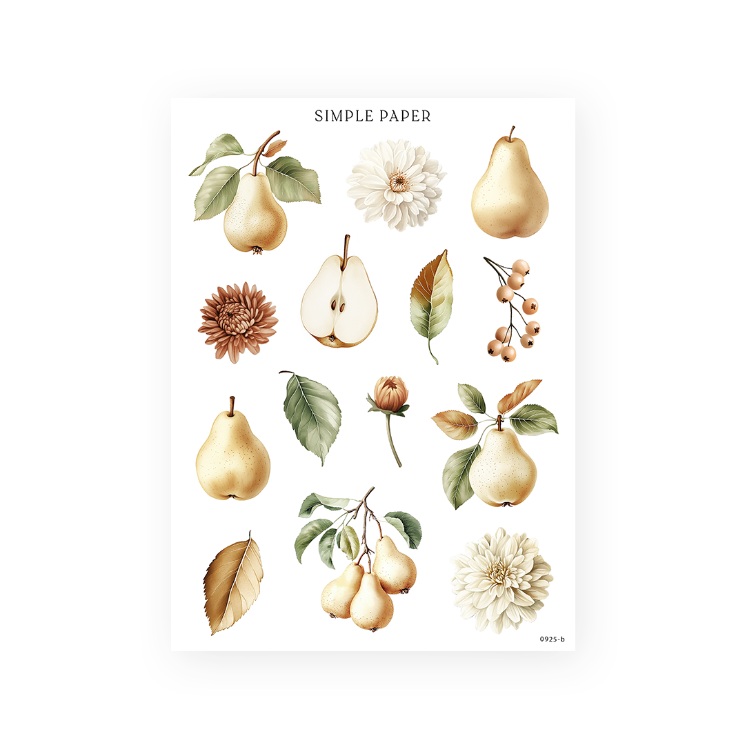 Pear, dahlia, and leaf stickers with a berry cluster on a white background, Sheet B
