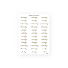 Cursive days of the week stickers in black and gold script with a notes label, Sheet C