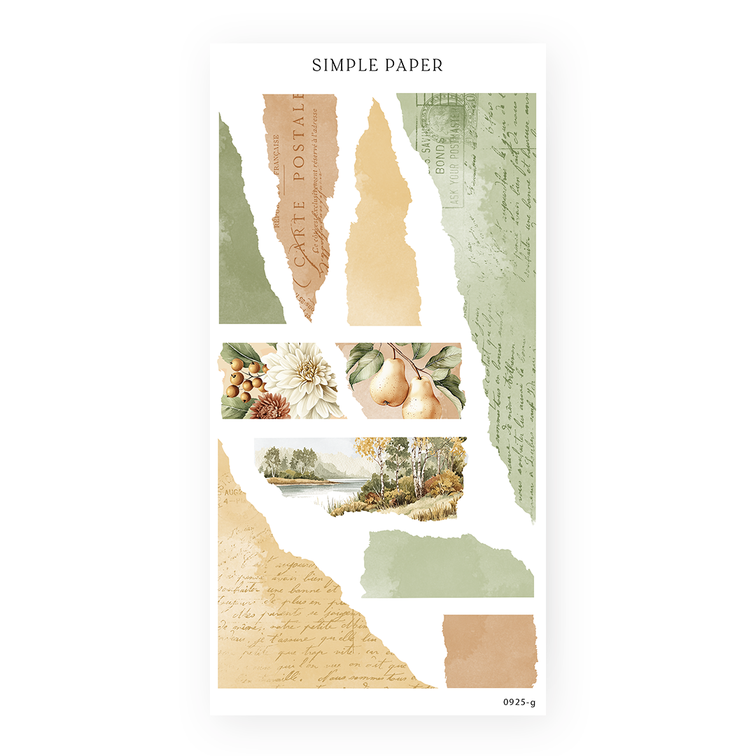 Torn paper texture stickers in green and tan with vintage script and a small landscape clip, Sheet G