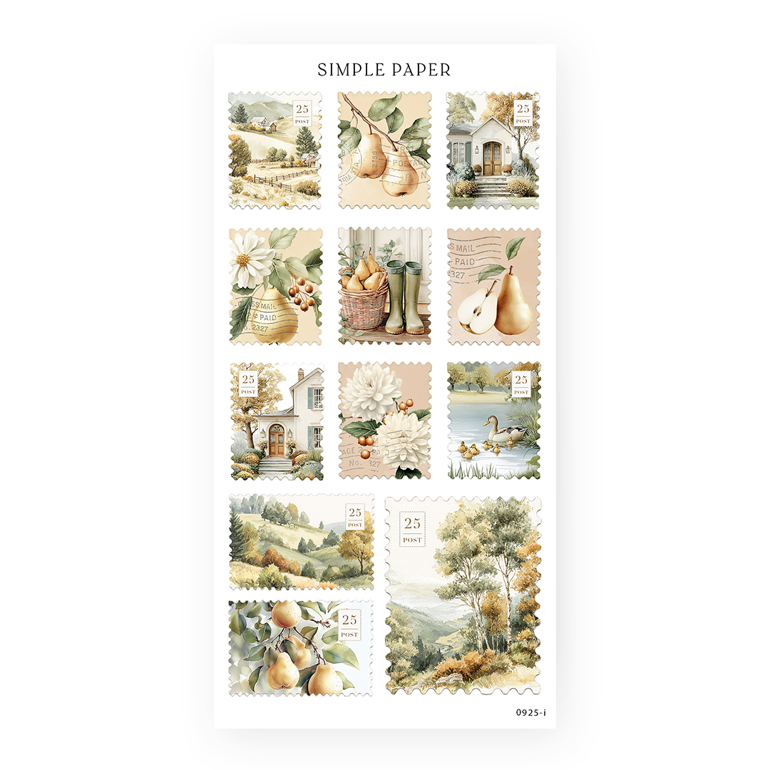 Postage stamp stickers with cottages, pears, dahlias, and a duck family at a pond, Sheet I
