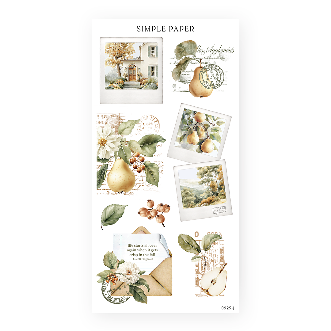 Sheet of decorative stickers with polaroid frames on a white background, featuring pears, cottages, florals, and autumn leaves