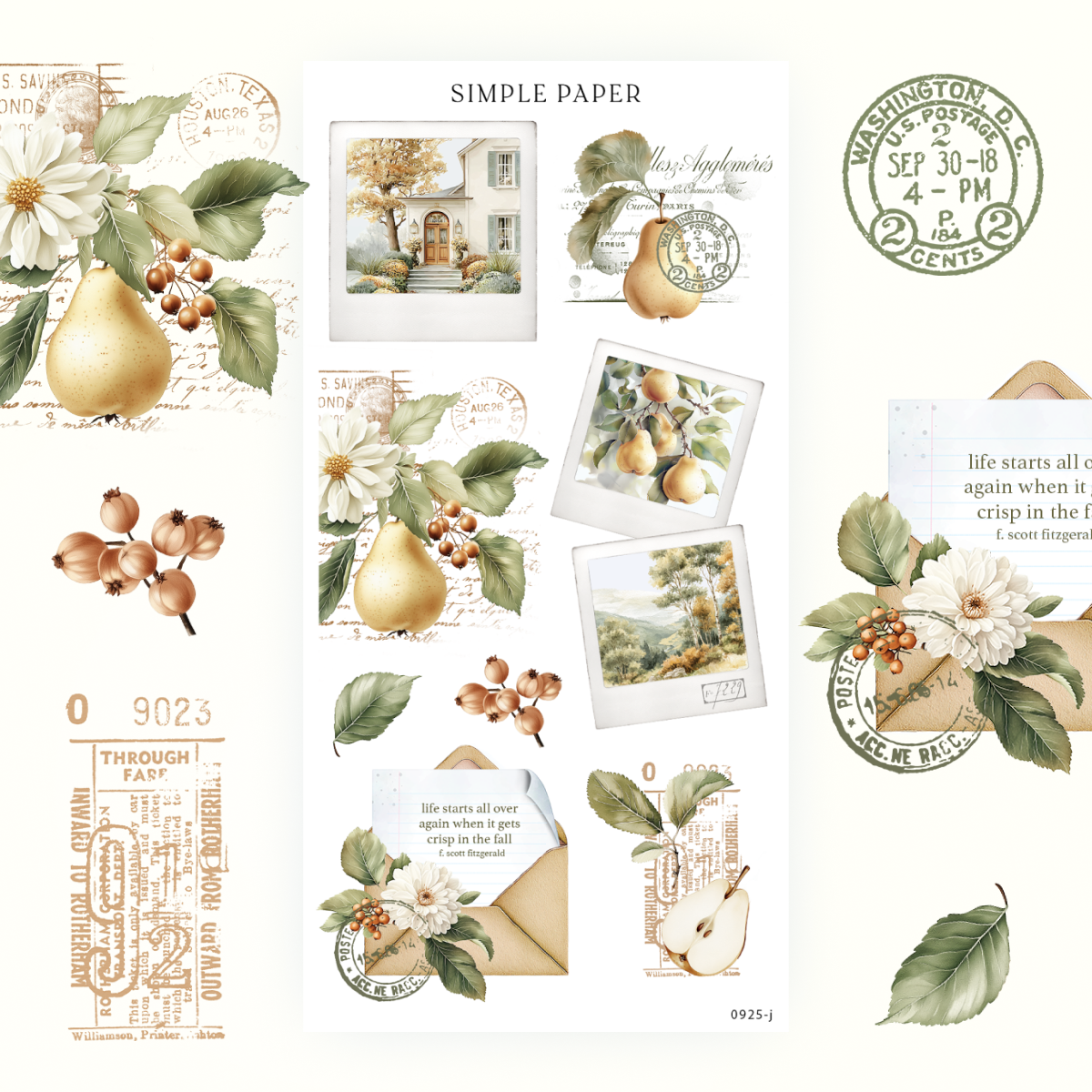 Golden Autumn Sheet J journaling stickers with snapshot frames, pears and vintage letters
