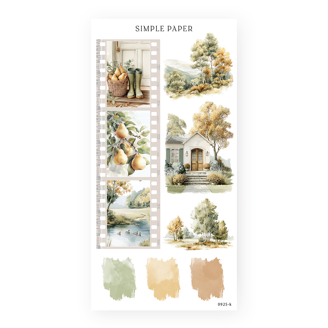 Filmstrip stickers with a pear basket, a cottage, and paint swatches in sage and gold, Sheet K