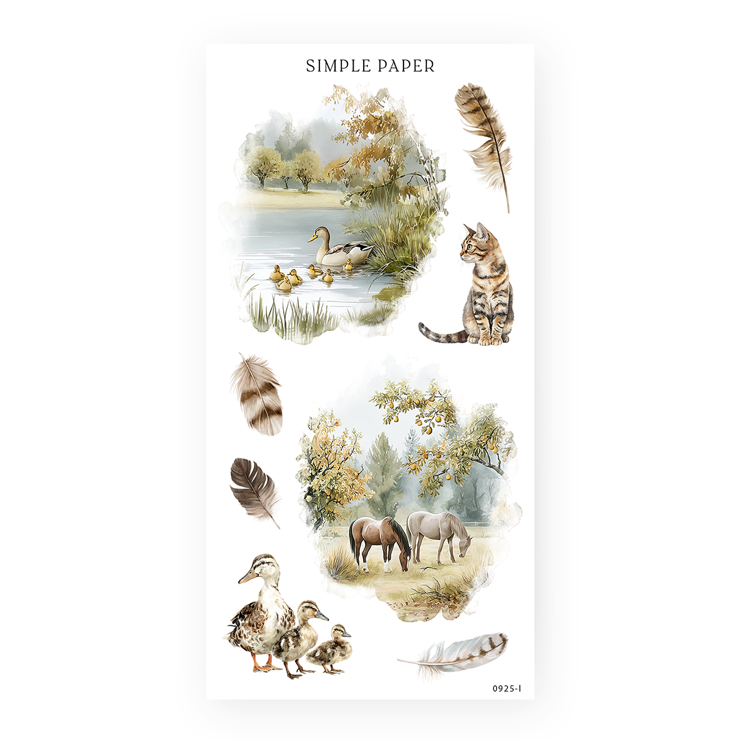 Pond and pasture stickers with a duck family, feathers, a tabby cat, and grazing horses, Sheet L
