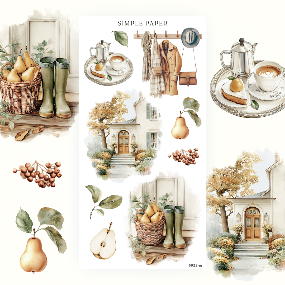 Cozy entry stickers with a coffee tray, coat rack, cottage doorway, and pear basket with boots, Sheet M