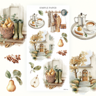 Cozy entry stickers with a coffee tray, coat rack, cottage doorway, and pear basket with boots, Sheet M