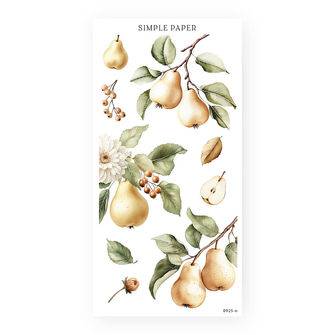 Pear branch botanical stickers with a white dahlia and berry clusters, Sheet N