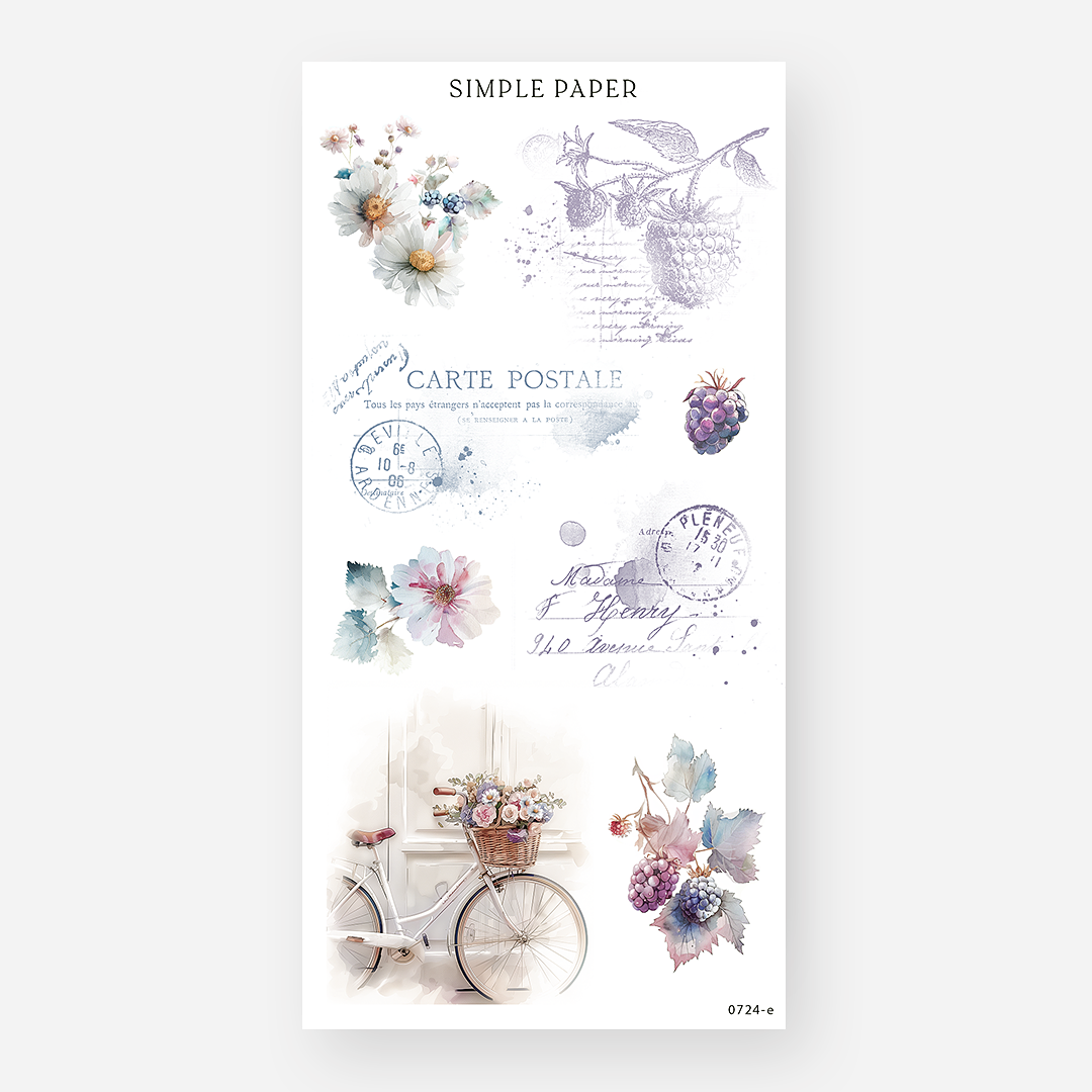 Vintage postcard stickers with a flower basket bicycle, faded berry sketches, and daisies, July 2024 Sheet E