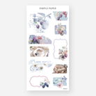 Collage-style sticker sheet with blackberry frames, a teacup, tied letters, and vintage postcard art, July 2024 Sheet F