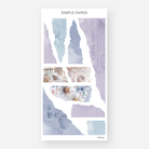 Torn paper collage stickers in lavender and blue with postcard script and daisies, July 2024 Sheet G