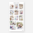Postage stamp style sticker sheet with a flower basket bicycle, ducklings, cottage scenes, and berries, July 2024 Sheet I